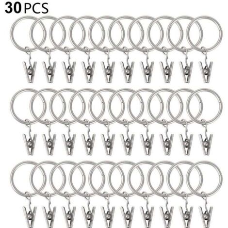 30 sturdy curtain rings with clips, tension rod holders and metal eyelets, decorative, silver-colored.