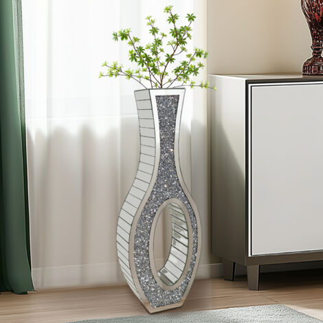 30" Tall Floor Vase Hollow Bottle Crushed Diamond Mirrored for Flower Arrangement