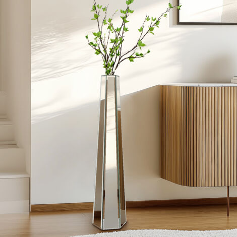 30" Tall Mirrored Floor Vase Sophisticated Vessel Silver Glass Vase for Dried Flowers Decor