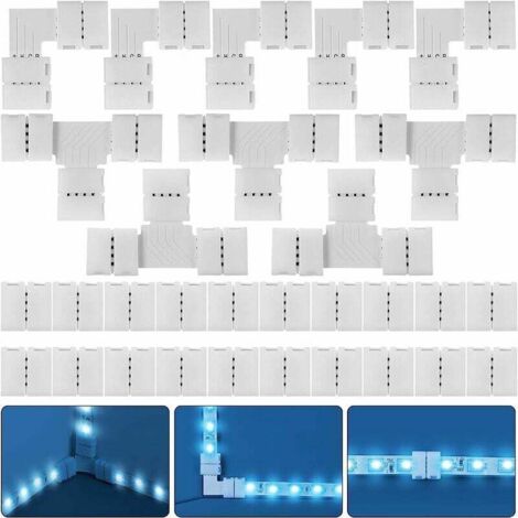 30-teiliges komplettes Anschlussset für RGB-LED-Streifen, 4-polige 10-mm-lötfreie Adapterverlängerung, kompatibel mit SMD 5050-LED-Streifen, 20 lückenlose Anschlüsse, 5 L-Anschlüsse, 5 T-Anschlüsse