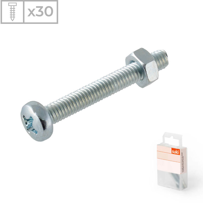 

Suki - 30 Tornillos con cabeza cilíndrica y tuerca fabricado en acero zincado, medidas 4x25mm