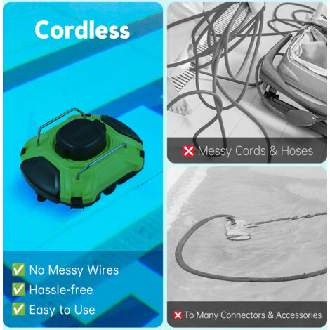 30-W-Akku-Poolroboter, wasserdicht (IPX8), autonom mit zwei Motoren und Akku, 110 Minuten Laufzeit, automatische Parkfunktion, 200-µm-Filter, für Aufstellpools bis 85 m², grünes ABS-Gehäuse, 370 x 270