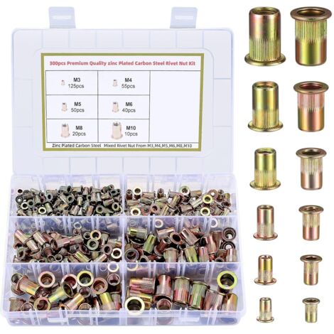 300 écrous à rivets en acier au carbone, écrous à sertir zingués, écrous à rivets aveugles filetés - M3/M4/M5/M6/M8/M10