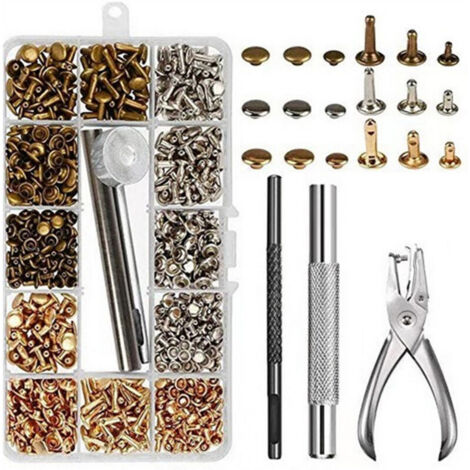 300 ensembles de rivets en cuir Rivets à double capuchon Rivets tubulaires en métal avec pince à poinçonner Ensemble d'outils de fixation pour l'artisanat du cuir à faire soi-même