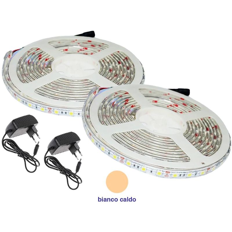 Image of Housecurity - 300 led 5050 strip striscia 5m 220V bianco luce calda alimentatore impermeabile 2 pezzi