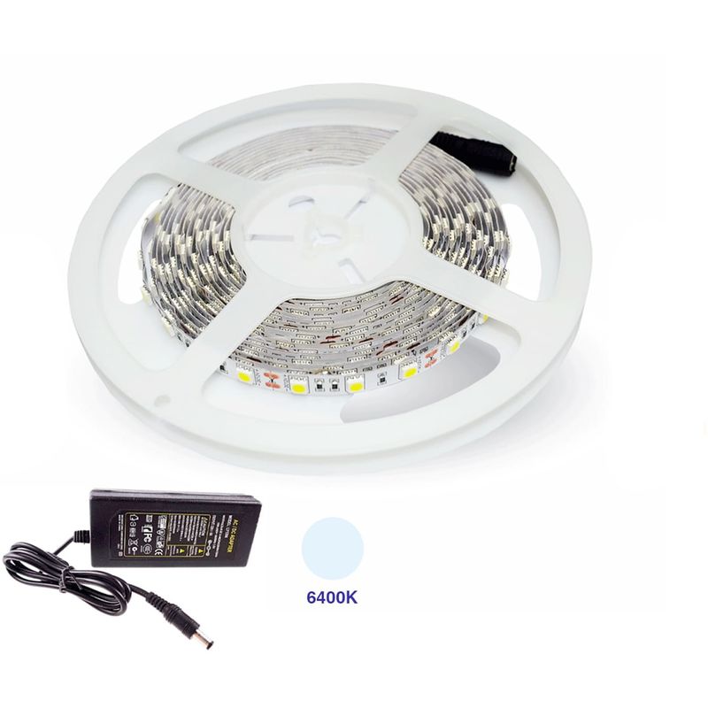 Image of 300 led 5050 strip striscia 5m 220V bianco luce fredda alimentatore 2A altissima luminosita'