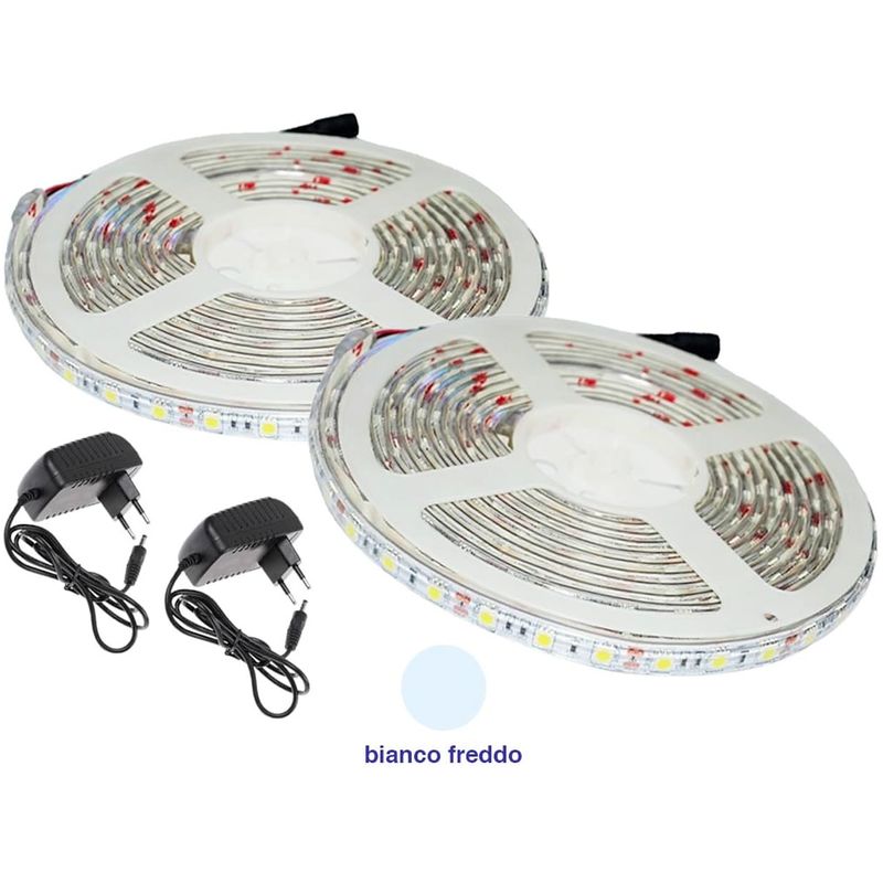 Image of Housecurity - 300 led 5050 strip striscia 5m 220V bianco luce fredda alimentatore impermeabile 2 pezzi