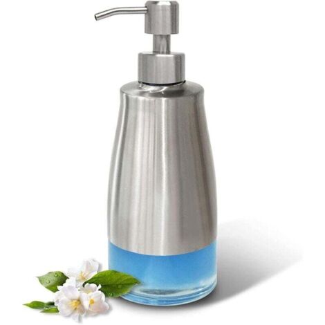 300 ml Distributeur de savon noir en verre et acier inoxydable, distributeur de savon douche avec étiquettes – Distributeur de lotion rechargeable pour cuisine, salle de bain, bureau, hô