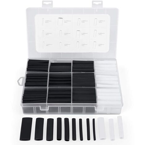 300 pezzi di guaina termorestringente con colla, rapporto 3:1, 7 misure, 2 colori (nero, bianco)