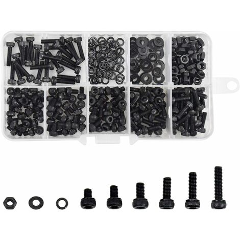 300 pezzi M3 in lega di acciaio al carbonio viti a testa esagonale a esagono incassato con dadi M3 Bulloni esagonali rondelle a esagono incassato, nero, dimensioni assortite 4/5/6/8/10/12 mm