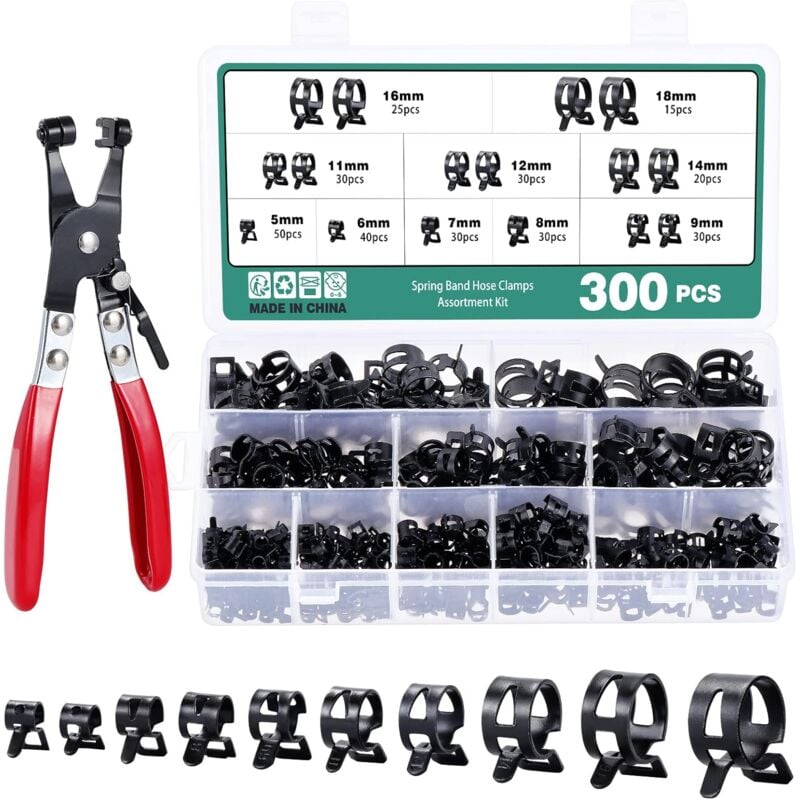 300 Pièces Colliers de Serrage à Ressort, 10 Tailles 5-18mm Clips à Ressort Tuyau Serre-Joints à Tuyaux, Colliers de Clip à Ressort, Colliers de