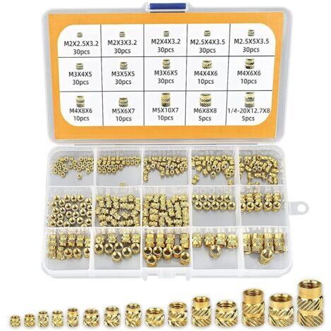 300 Pièces Écrous Moletés à Filetage, Écrous Filetés, M2/M2.5/M3/M4/M5/M6 Insert Fileté Laiton Femelle avec Filetage Interne pour Impression 3D