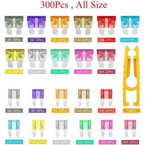 300 Pièces Fusibles de Voiture, Fusible de Lame, Fusible à Lame Standard, Mini Kit de Fusibles, Kit de Fusibles Standard Mini La Norme Professionnel Multicolore Fusible pour Voiture, Camion, Bateau