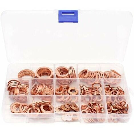 300 pièces M5-M20 rondelles en cuivre,jeu de joints en cuivre, bague d'étanchéité, joint de rondelle en cuivre, fixation matérielle, assortiment dans une boîte de rangement (12 tailles) 56