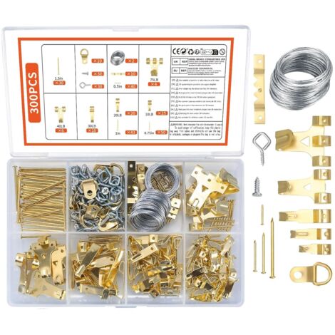 300 Pieces Metal Picture Frame Hanging Kit with Screws Nails D-ring Steel Cable