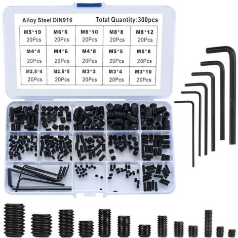 300 Pièces Vis Sans Tête Hexagonale, Kit Assortiment Vis à Six Pans Creux, M2.5/M3/M4/M5/M6/M8 Acier Allié Douille Hex Vis-pointeau avec Clé Allen
