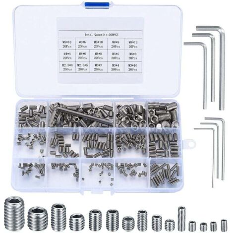300 Pièces Vis Sans Tête Hexagonale, M2.5/M3/M4/M5/M6/M8 Vis Filetée Internes, Assortiment Kit de Fixations Vis Pointeau pour Poignées de Porte, avec Clé Allen - Argent