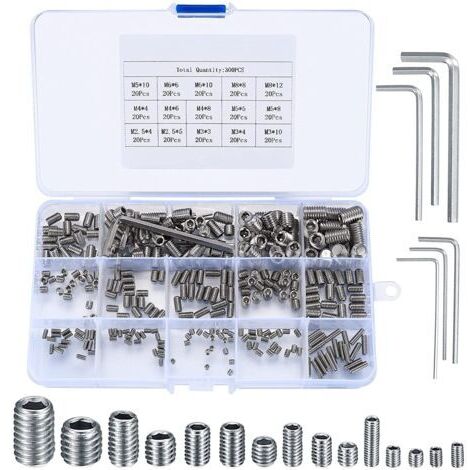 300 Pièces Vis Sans Tête Hexagonale, M2.5/M3/M4/M5/M6/M8 Vis Filetée Internes, Assortiment Kit de Fixations Vis Pointeau pour Poignées de Porte, avec Clé Allen - Argent