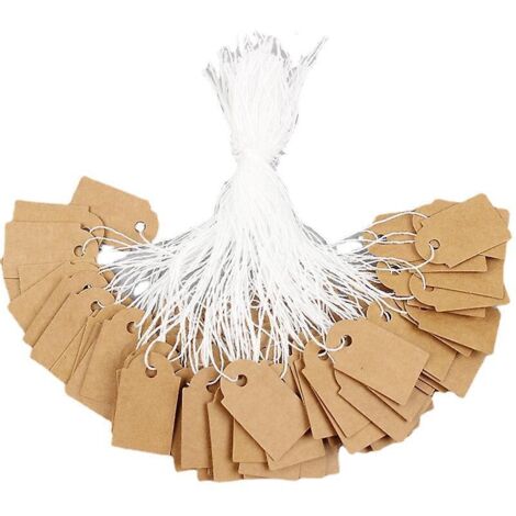 300 Stück (braun, 23 x 13 mm) Kraftpapier-Etiketten, beschreibbare Preisschilder, Blanko-Preisschilder mit Aufhängeschnur für Hochzeiten