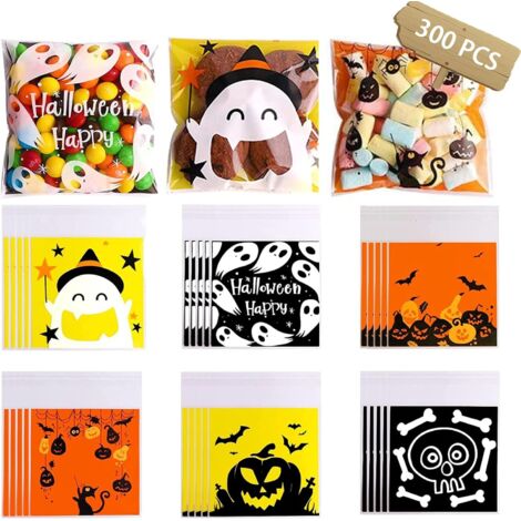 300 Stück Halloween-Süßigkeiten-/Keks-Geschenktüten, transparent, selbstklebend (6 Designs)