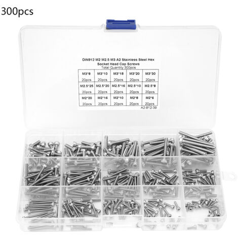 300-teiliges Edelstahl-Innensechskantschrauben-Set M2, M2,5, M3 – Schraubensatz aus Edelstahl 304