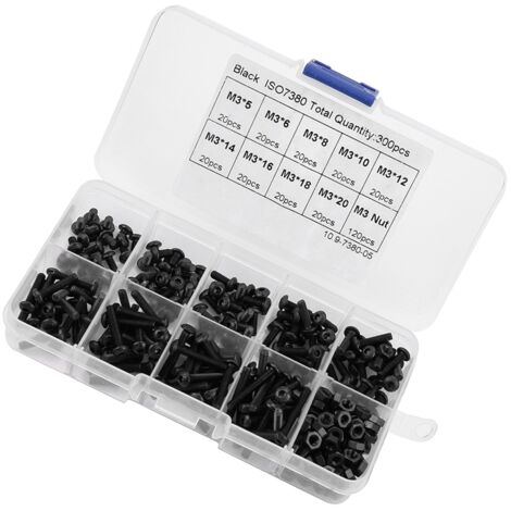 300-teiliges Set schwarzer M3-Zylinderkopfschrauben (10,9 mm) mit passenden Muttern
