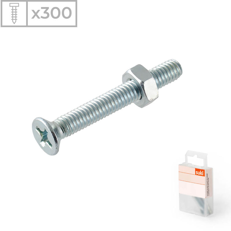 

Suki - 300 Tornillos con cabeza avellanada y tuerca fabricado en acero zincado, medidas 5x20mm