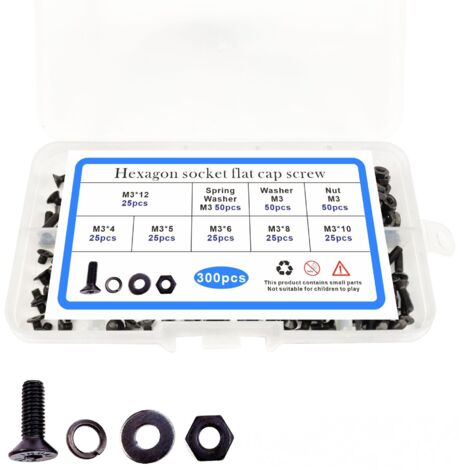 300 tuercas y pernos M3 de cabeza avellanada negra, juego de cajas de resortes con almohadilla plana, tornillos hexagonales internos de cabeza plana.