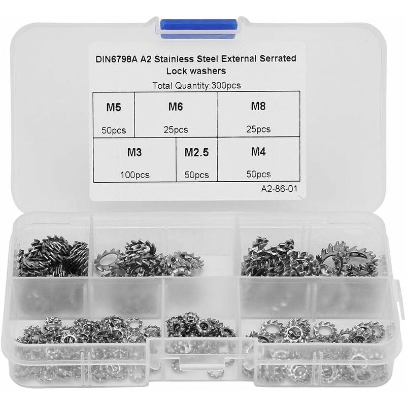 

Abcrital - 300 unids / set arandelas de bloqueo de dientes externos M2.5 / M3 / M4 / M5 / M6 / M8 Tuerca de tornillo dentado Juego de surtido de