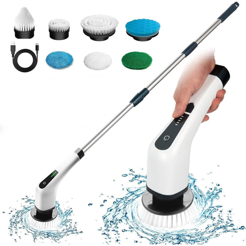 Rnemitery - Brosse de Nettoyage électrique,avec 7 têtes de Brosse et rallonge, Spin Scrubber Brosse Rotative Nettoyage Électrique pour Les Coins, la