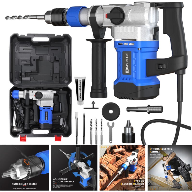 Dayplus - 3000W Electric Rotary Hammer Drill 360° Rotating Handle & SDS-Plus Chisel + Case