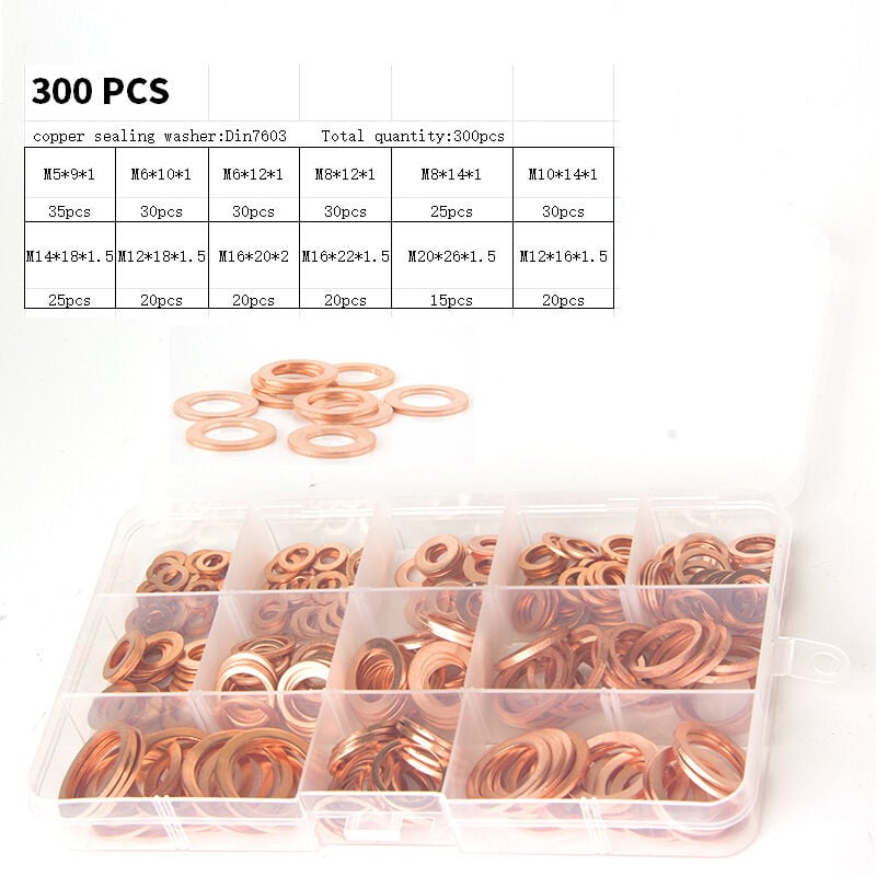 300PCS 12Taille Rondelle de Cuivre Rondelles Plates en Cuivre M5-M20 Assortiment Kit