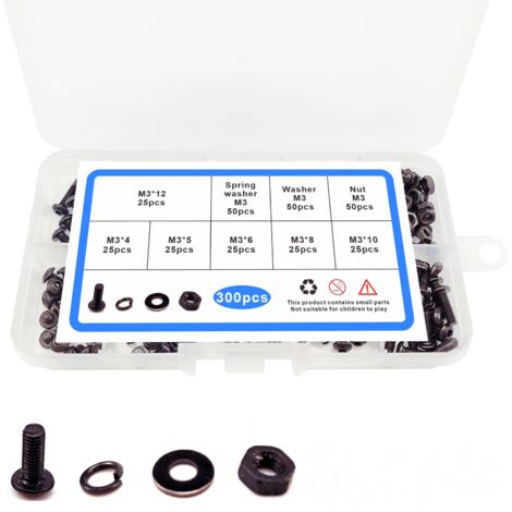 300pcs boîte, Noir tête ronde m3 boulon écrou plat mat ressort, vis hexagonale à l'intérieur de la tête de disque