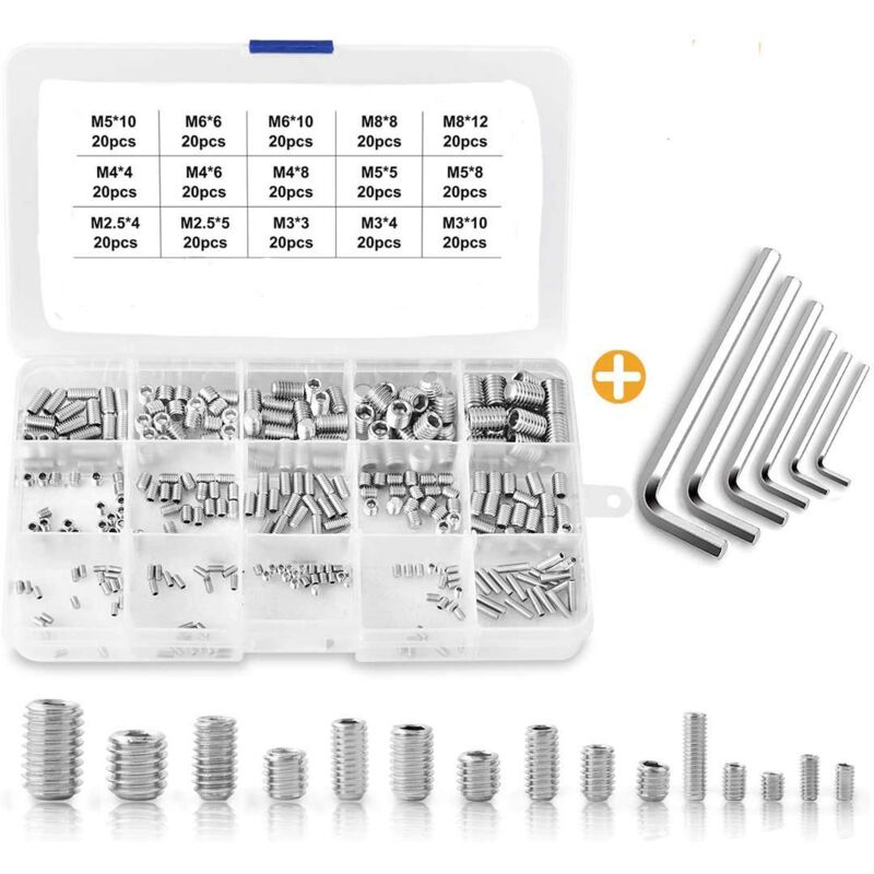 300pcs combinaison d'extrémités plates en acier inoxydable, ensemble combiné de vis de fixation hexagonale intérieure