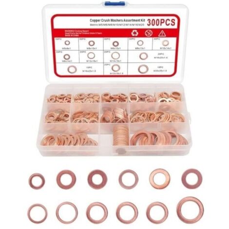 300Pcs Cuivre Rondelles Metal,Rondelles Plates Joints Toriques, 12 Tailles Métrique Spécifications Joint Bague D'étanchéité Cuivre