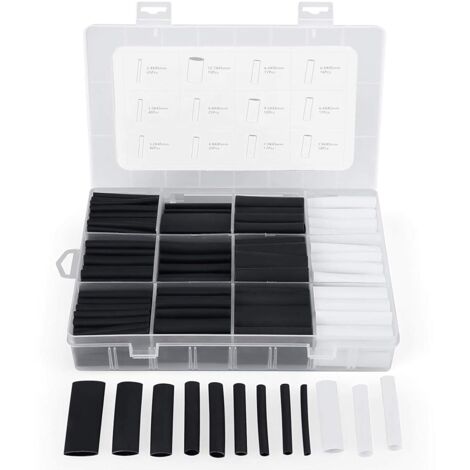300Pcs Gaine Thermorétractable avec Colle Ratio 3:1 Tube Thermorétractable 7 Tailles, 2 Couleur (Noir, Blanc)
