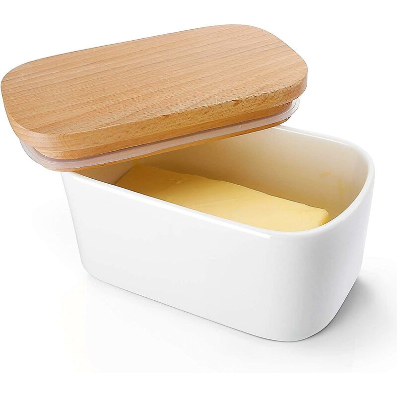 Colnk - 303.101 Grand Beurrier - Beurrier hermétique pouvant contenir jusqu'à 2 Bâtonnets de Beurre - Récipient en Porcelaine avec Couvercle en Bois