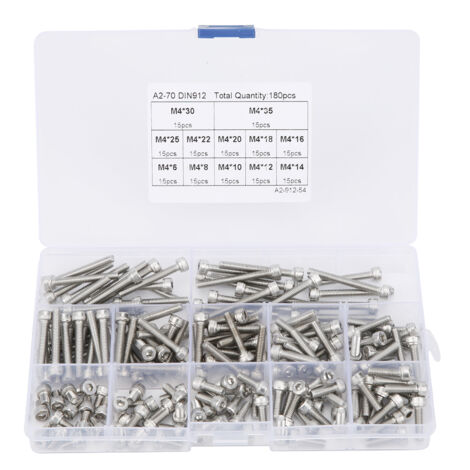 304 Edelstahl-Sechskantschrauben-Set, Sortiment mit verschiedenen Längen (180 Stück M4)