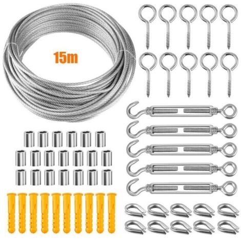 304 Fil Inox,Câble en Acier Inoxydable Kit,Kit Cable Métallique,2mm Tendeur Cable Inox,Support pour Plantes Grimpantes,Corde a Linge,Exterieur Tendeur fil a Linge Exterieure (15m)