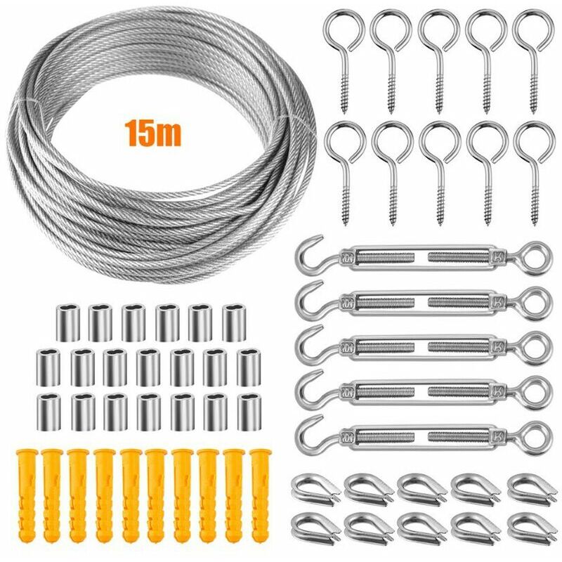 304 Fil Inox,Câble en Acier Inoxydable Kit,Kit Cable Métallique,2mm Tendeur Cable Inox,Support pour Plantes Grimpantes,Corde a Linge,Exterieur
