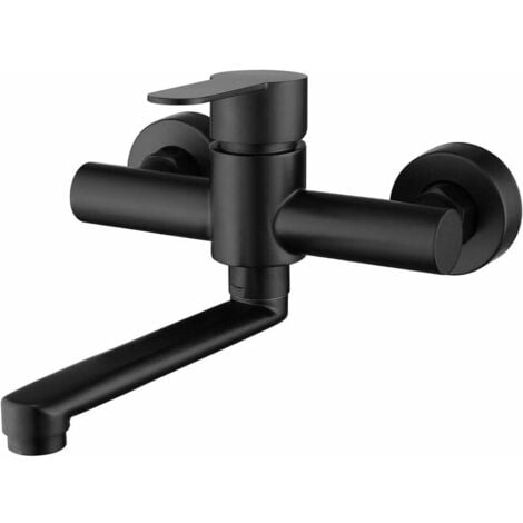 CYSLMUK 304 Stainless Steel Sink Mixer Tap, Wall Mounted Kitchen Faucet, 360° Swivel Sink Faucet with Black Spout