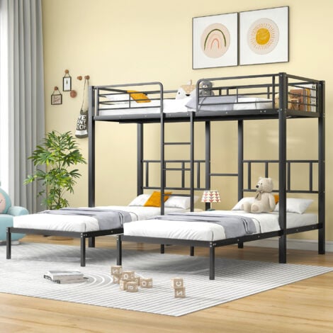 REDOM [30544849SAA] Letto triplo, letto a castello triplo con scaletta per bambini e adolescenti, letto in ferro con griglia anticaduta e tavolino, nero 90x200cm3