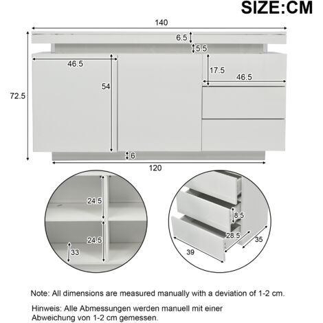 (306338342WAA) Meuble de salon moderne, meuble d’appoint, meuble de rangement. Deux portes, trois tiroirs. Finition en laque brillante. Meuble avec lumière LED intégrée. Sans poignées. Dimensions : 14