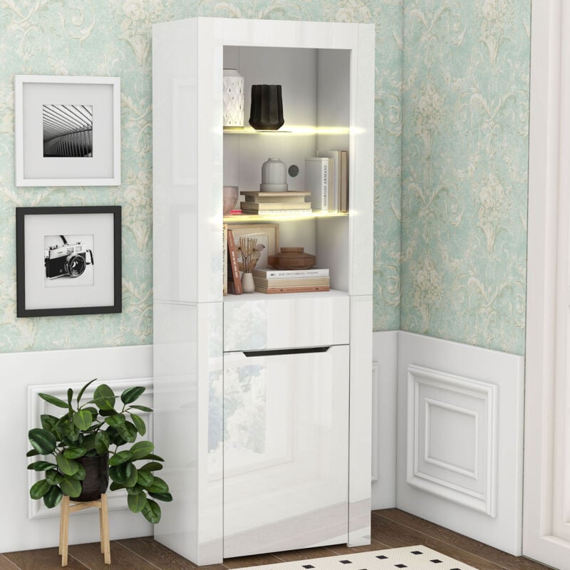 Okwish - Vitrine Blanc avec lumières led, meuble de rangement avec 1 armoire + 1 tiroir + 2 étagères, 60x36x165 cm