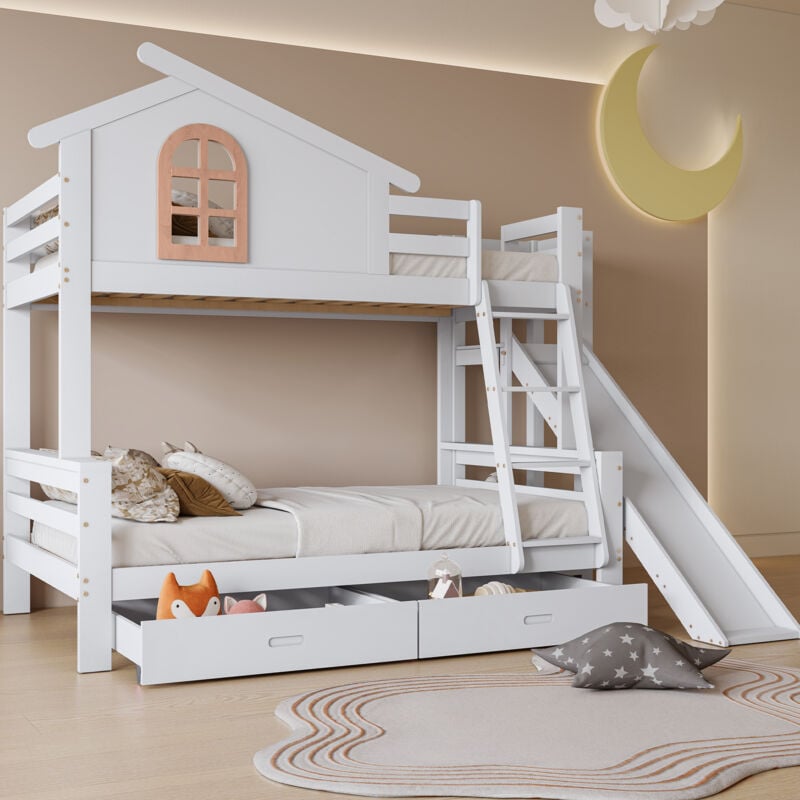 Okwish - Lit superposé 90/120x200 cm lit enfant 2 places avec escalier basculant, toboggan et deux tiroirs, en bois massif, blanc