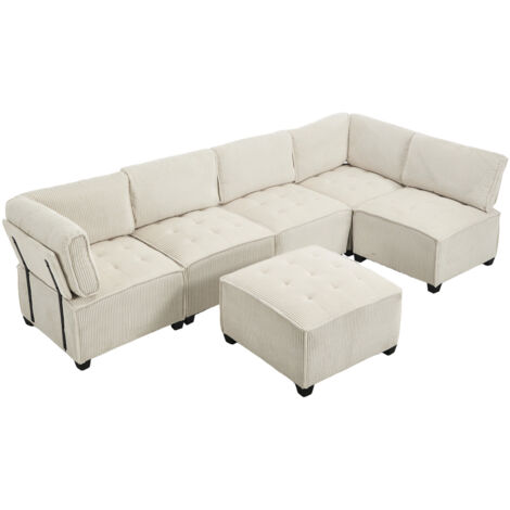 308cm Langes Sofa Modulares 6-Sitzer-Sofa, Cordstoff, ergonomisch, Stauraumtaschen, flexibel kombinierbar als U-Form/L-Form/Schlafsofa, stabile Holz- und Metallstruktur, einfacher Aufbau, Beige