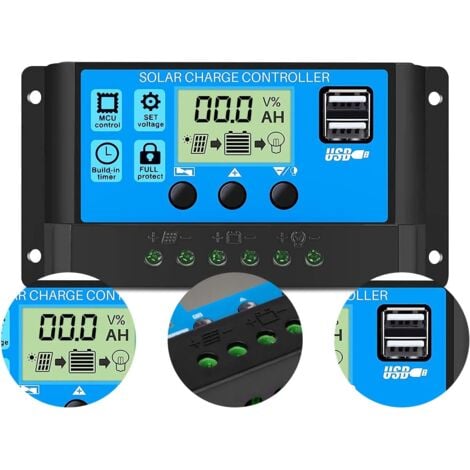 30A 12V/24V Contrôleur de Charge Régulateur Panneau Solaire de Batterie Intelligent PWM avec 5V Double Port USB LCD Affichage pour Les Batteries Plomb-acide (30A)