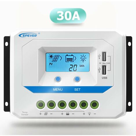 30A Régulateur de Charge Solaire 12V/24V Contrôleur de Charge Solaire avec Ecran LCD et Double Port USB - 30A