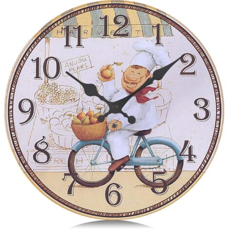 30cm Horloge Murale Cuisine Bois Vintage, Silencieuse Pendules Murales Chef, Retro Design sans Tic-tac Déco pour Restaurant,Salle a Manger,Boulangerie