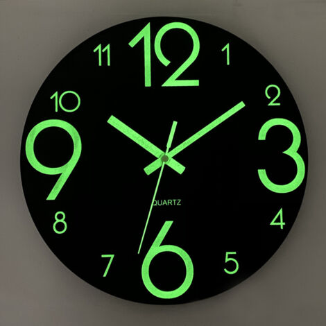30cm Horloge Murale Lumineuse - Pendule Murale Fluorescente Silencieuse - Grande Horloge Murale Décorative pour Cuisine, Bureau, Chambre à Coucher (Noir)